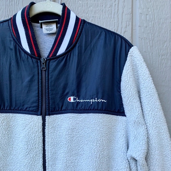 Champion sherpa color block jersey style zip up sporty jacket sweater - Picture 5 of 16